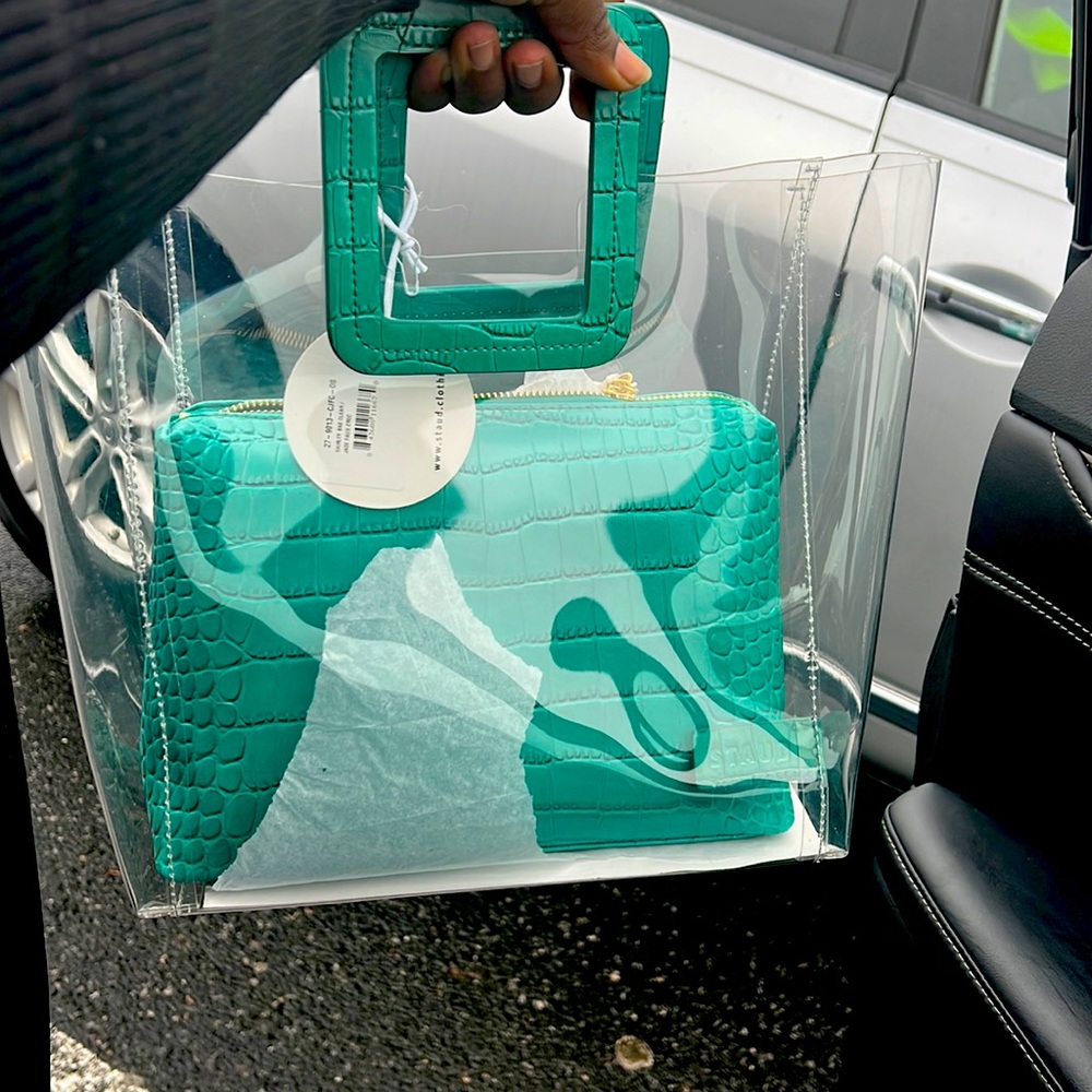 STAUD Shirley Clear Tote Bag Jade Faux Croc